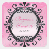 ピンク&ブラックグリッターファンシーフレームパーティーシール スクエアシール (正面)
