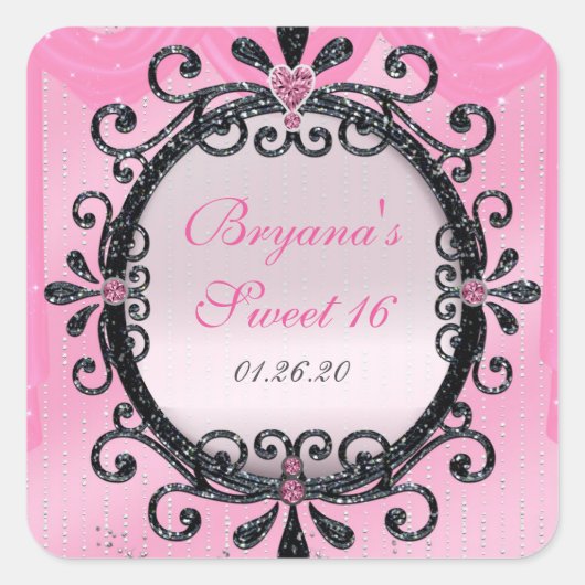 ピンク&ブラックグリッターファンシーフレームパーティーシール スクエアシール (正面)