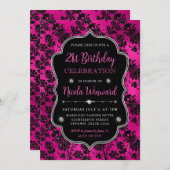 ピンク&ブラックグリッターフラワーズダマスク21歳の誕生日 招待状 (正面/裏面)