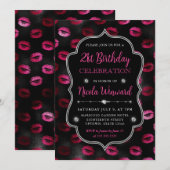 ピンク&ブラックグリッターリップスティック21歳 招待状 (正面/裏面)
