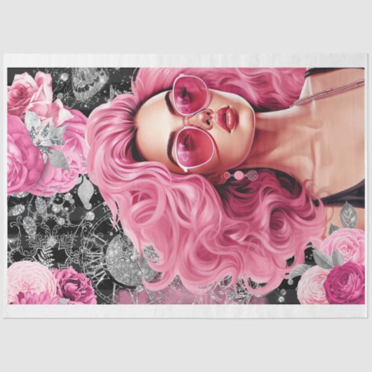 ピンク&ブラックシャビーグラムウーマンデコペ紙 薄葉紙 (正面)