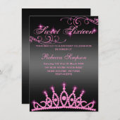 ピンク&ブラックスパークルティアラ誕生日招待状 招待状 (正面/裏面)