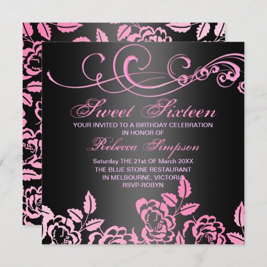 ピンク/ブラックスワールバラスウィート16誕生日招待状 招待状 (正面/裏面)