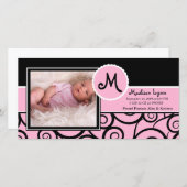 ピンク&ブラックスワールベビーガール誕生 案内状 (正面/裏面)