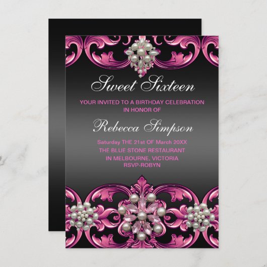 ピンク/ブラックダマスク&パールスウィート16誕生日招待状 招待状 (正面/裏面)