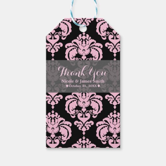 ピンク&ブラックダマスヴィンテージウェディングイベントのお願い ギフトタグ (正面)