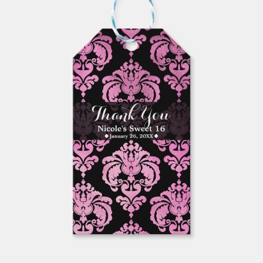 ピンク&ブラックダマスヴィンテージウェディングイベントのお願い ギフトタグ (正面)