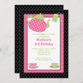 ピンク&ブラックティーパーティー誕生パーティーの招待 招待状 (正面/裏面)