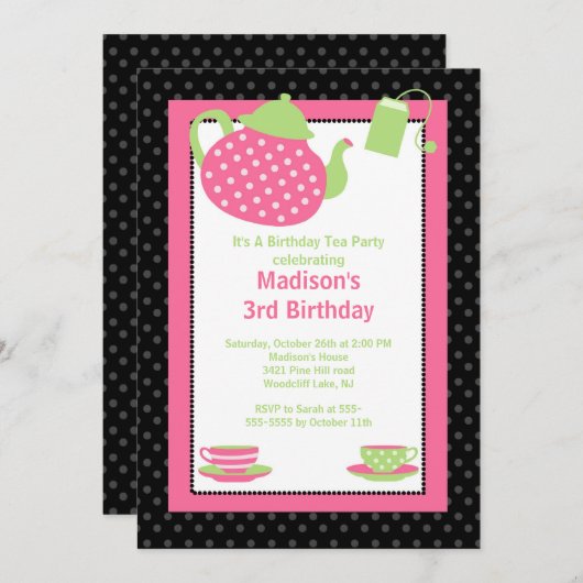 ピンク&ブラックティーパーティー誕生パーティーの招待 招待状 (正面/裏面)