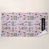 ピンク&ブラックトラベルパリビーチ ビーチタオル (正面)