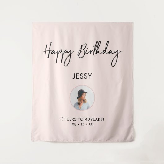 ピンク&ブラックハッピーバースデーフォトパーティー背景 タペストリー (正面)