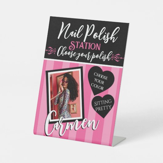 ピンク&ブラックハートピンクスパ写真爪、 ネイルポーランドサイン 台座サイン (正面)