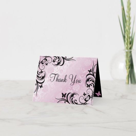 ピンク&ブラックバタフライ&フラワーサンキューカード サンキューカード (正面)