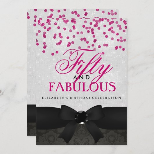 ピンク&ブラックファブラス50thバースデーパーティー招待状 招待状 (正面/裏面)