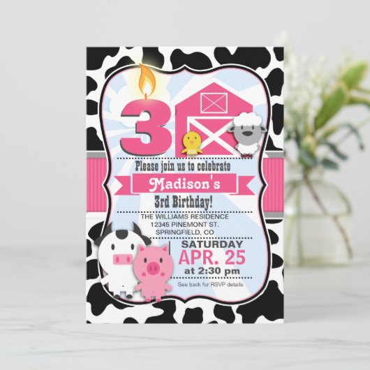 ピンク&ブラックファームアニマルガールバースデーパーティー 招待状 (スタンド正面)