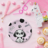 ピンク&ブラックフィッシュボーンズ子犬の誕生日パーティー ペーパープレート (パーティー)