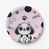 ピンク&ブラックフィッシュボーンズ子犬の誕生日パーティー ペーパープレート (正面)