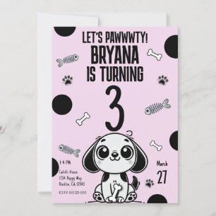 ピンク&ブラックフィッシュボーンズ子犬の誕生日パーティー 招待状