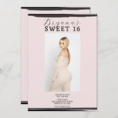 ピンク&ブラックフォトフレームトレンディーモダンスウィート16 招待状 (正面/裏面)