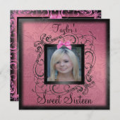 ピンク&ブラックフォトフレームSweet16誕生日招待状 招待状 (正面/裏面)