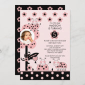 ピンク&ブラックフォトラディバグ誕生日招待状 招待状 (正面/裏面)