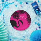 ピンク&ブラックフラミンゴ&パームバースデーパーティーカスタム ペーパープレート (パーティー)