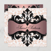 ピンク&ブラックフローラダマスク誕生日招待状 招待状 (正面/裏面)