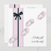 ピンク&ブラックベビーシューズシャワー招待状 招待状 (正面/裏面)