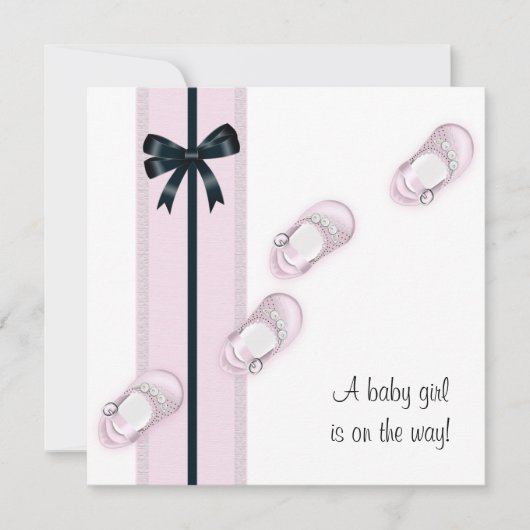 ピンク&ブラックベビーシューズシャワー招待状 招待状 (正面)