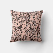 ピンク&ブラックラビットスケッチかわいいバニーパターン クッション (裏面)