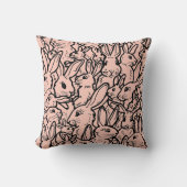 ピンク&ブラックラビットスケッチかわいいバニーパターン クッション (正面)