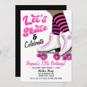 ピンク&ブラックローラースケートスケートで滑る誕生日パーティー 招待状 (正面/裏面)