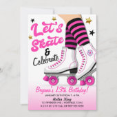 ピンク&ブラックローラースケートスケートで滑る誕生日パーティー 招待状 (正面)