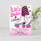 ピンク&ブラックローラースケートスケートで滑る誕生日パーティー 招待状 (スタンド正面)