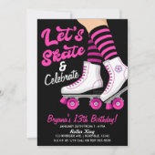 ピンク&ブラックローラースケートスケートで滑る誕生日パーティー 招待状 (正面)