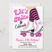 ピンク&ブラックローラースケートスケートで滑る誕生日パーティー 招待状 (正面)