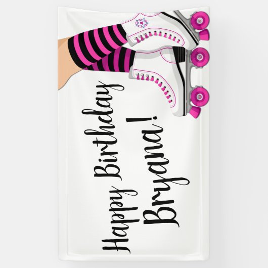 ピンク&ブラックローラースケートスケートで滑る誕生日パーティー 横断幕 (縦)