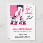 ピンク&ブラックローラースケートスケートで滑る誕生日 招待状 (正面)
