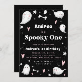 ピンク&ブラック幽霊不気味ワンバースデーパーティー 招待状 (正面/裏面)