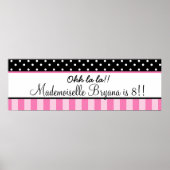 ピンク&ブラック水玉模様パリバースデーパーティーバナー ポスター (正面)