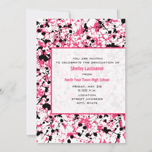 ピンク&ブラック絵を描(ばちゃばちゃ)跳ねる2012卒業 招待状 (裏面)