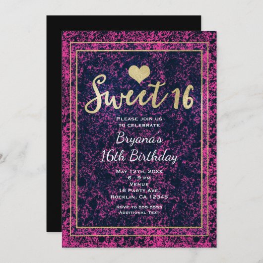 ピンク&ブラック金ゴールドスウィート16モダンパーティの招待状 招待状 (正面/裏面)