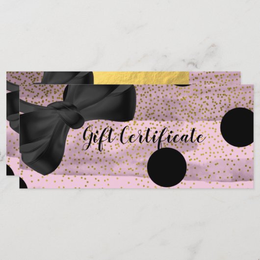 ピンク&ブラック金ゴールド水玉模様シックなギフト証明書 (正面/裏面)