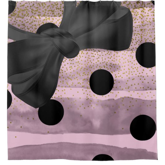 ピンク&ブラック金ゴールド水玉模様シックボウトレンディーグラム シャワーカーテン (正面)