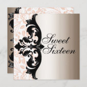 ピンク & ブラック エレガント ダマスク 誕生日 招待状 (正面/裏面)