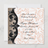 ピンク & ブラック エレガント ダマスク 誕生日 招待状 (裏面)
