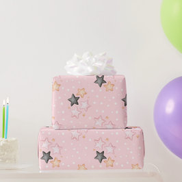 ピンク ブラック クリーム 星 誕生日 ラッピングペーパー