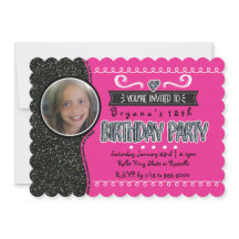 ピンク & ブラック グリッター ガールズ パーティー フォト 招待状