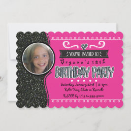 ピンク & ブラック グリッター ガールズ パーティー フォト 招待状