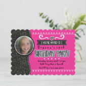 ピンク & ブラック グリッター ガールズ パーティー フォト 招待状 (スタンド正面)